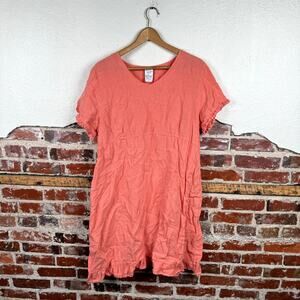 Vintage Match Point Dress Size Large Coral Pink Linen Short Sleeve Midi Ruffle